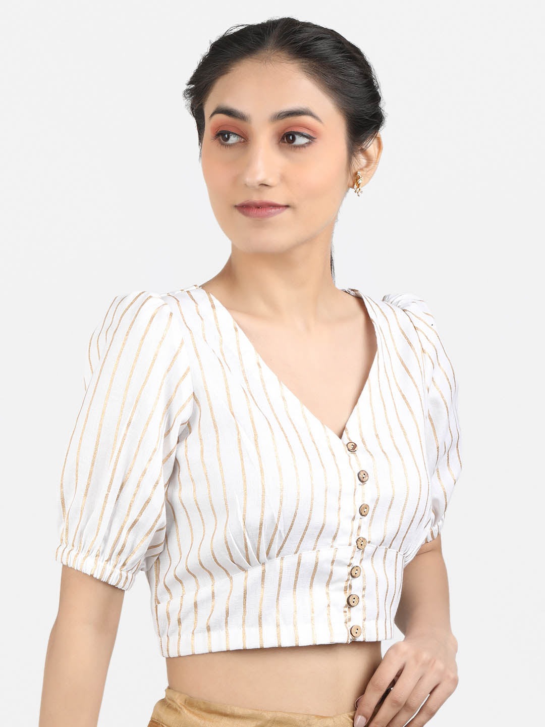 Women White Block Printed Cotton Ready To Wear Non Padded Saree Blouse