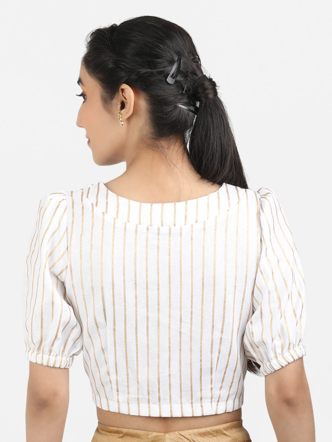 Women White Block Printed Cotton Ready To Wear Non Padded Saree Blouse