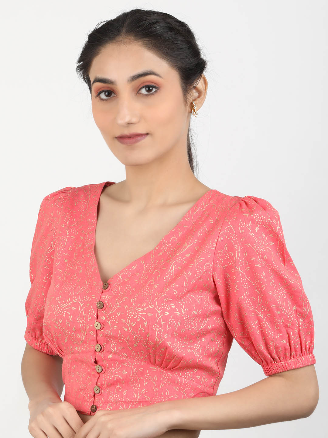 Women Pink Block Printed Cotton Ready To Wear Non Padded Saree Blouse