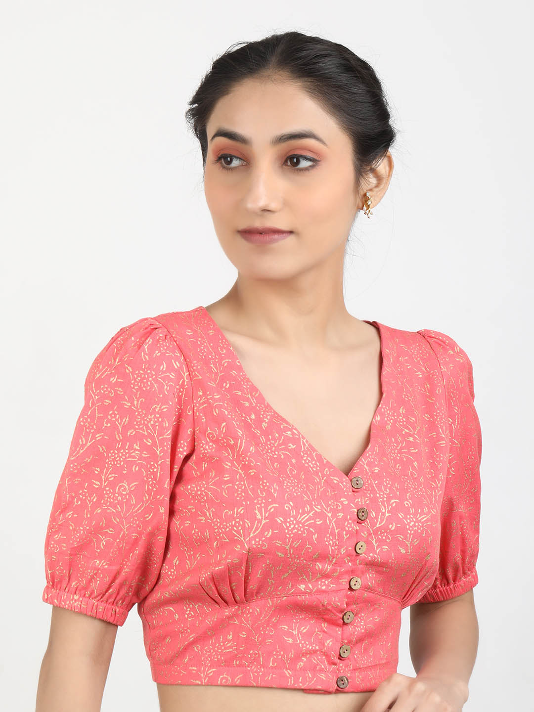 Women Pink Block Printed Cotton Ready To Wear Non Padded Saree Blouse