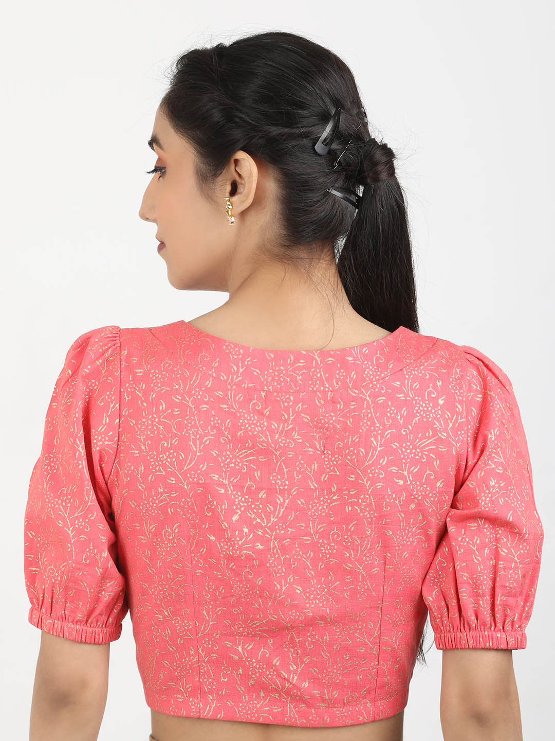 Women Pink Block Printed Cotton Ready To Wear Non Padded Saree Blouse