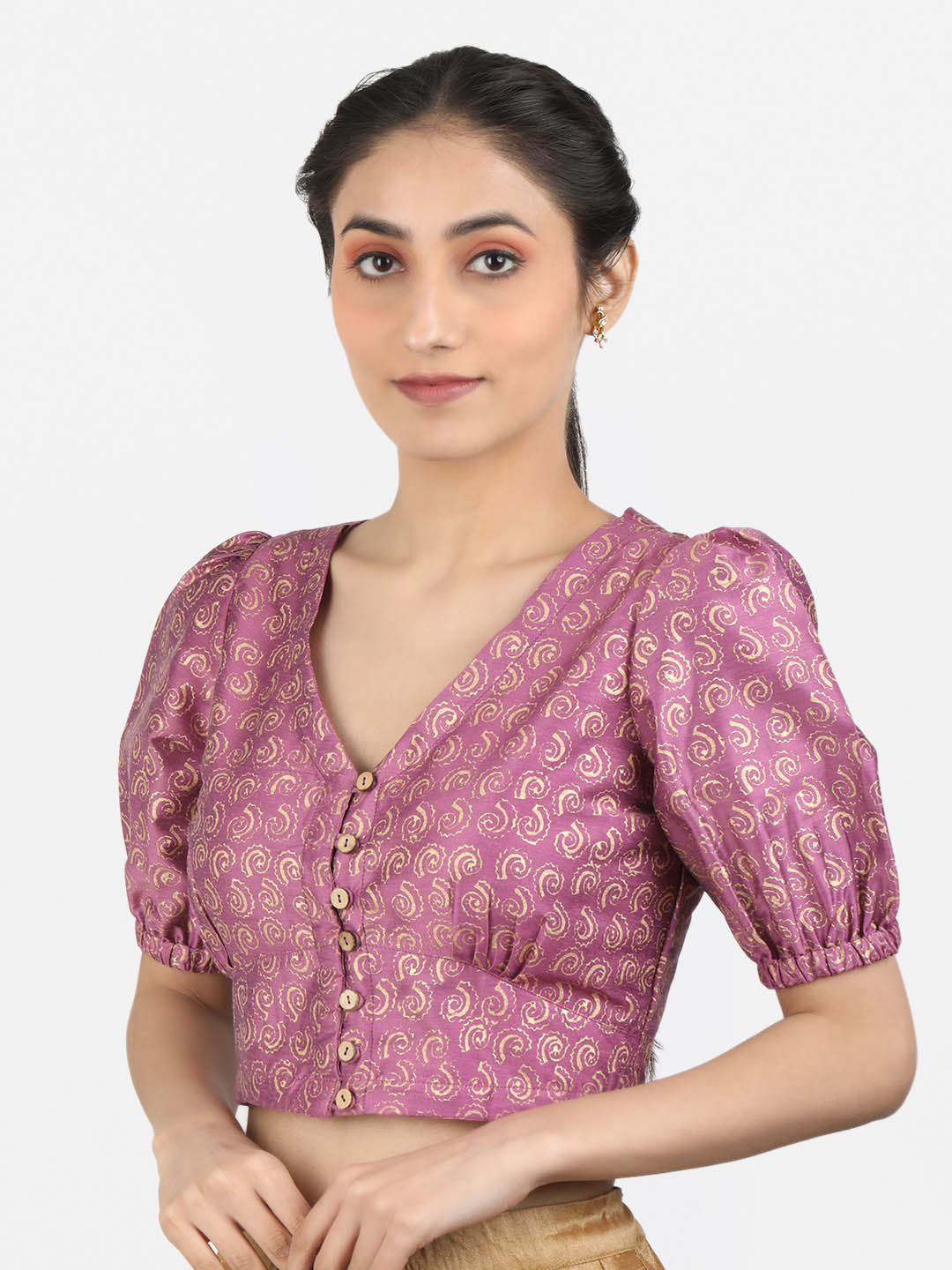 Women Purple Block Printed Art Silk Ready To Wear Non Padded Saree Blouse