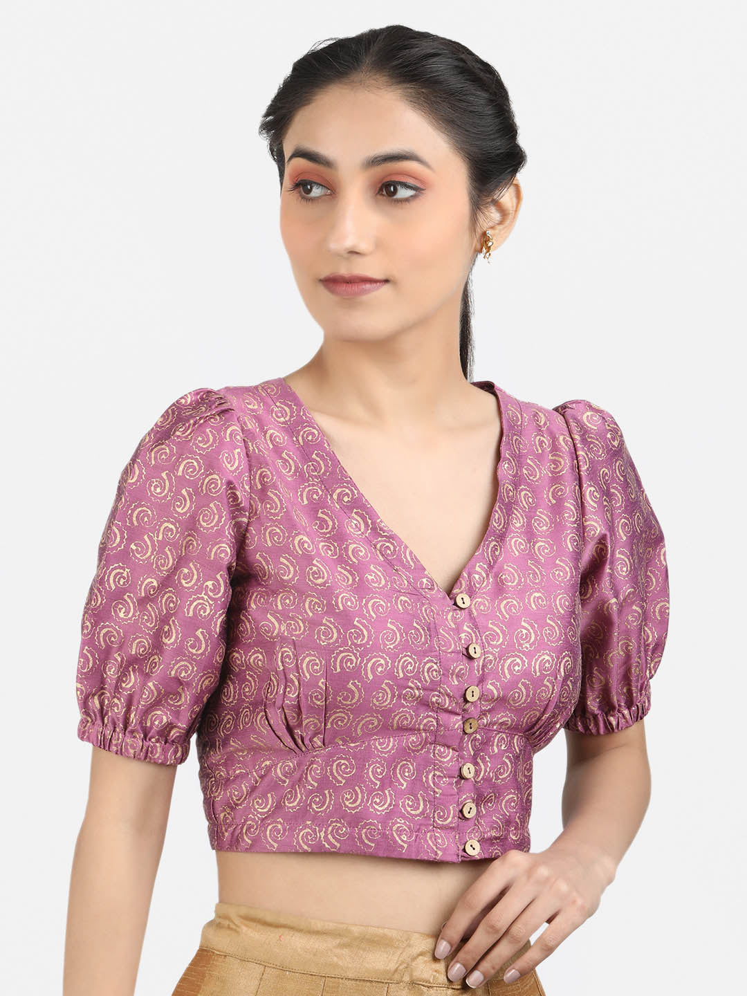 Women Purple Block Printed Art Silk Ready To Wear Non Padded Saree Blouse