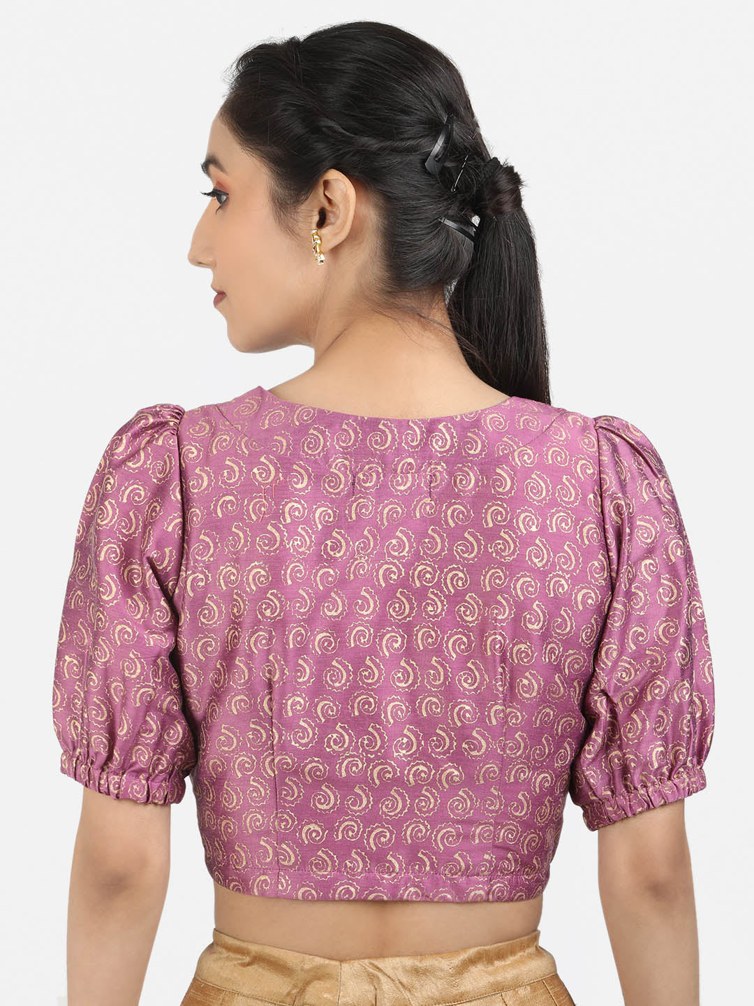 Women Purple Block Printed Art Silk Ready To Wear Non Padded Saree Blouse