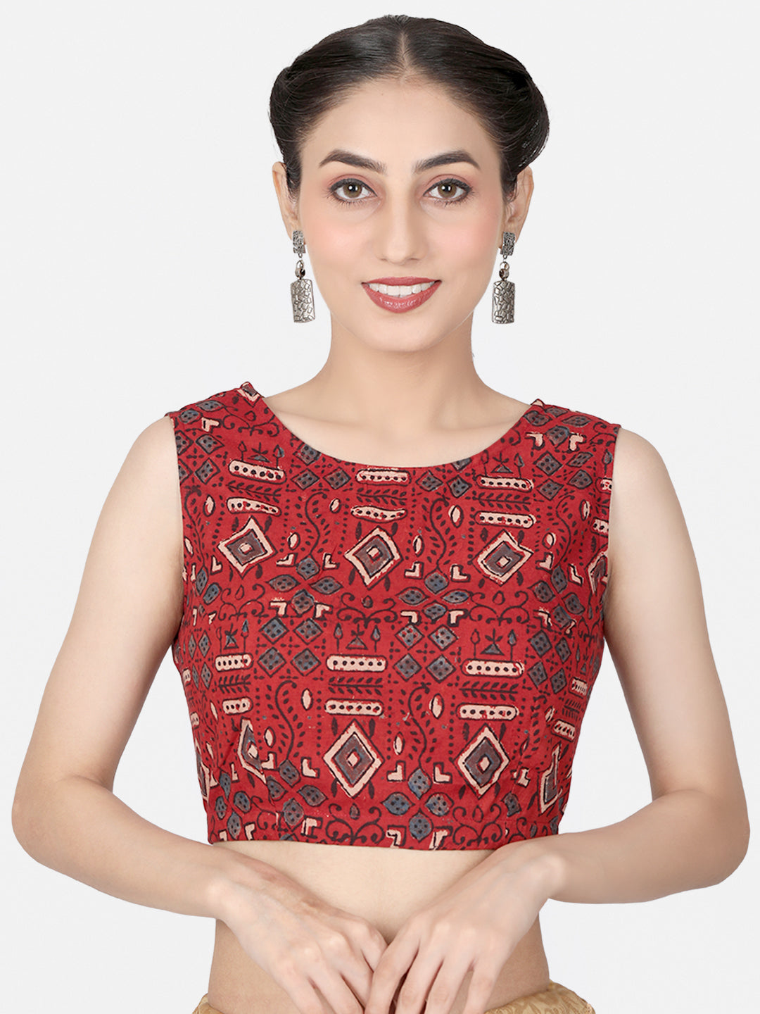 Ajrakh Maroon Block Printed Cotton Ready To Wear Saree Blouse
