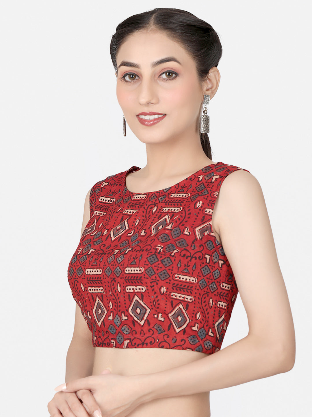 Ajrakh Maroon Block Printed Cotton Ready To Wear Saree Blouse