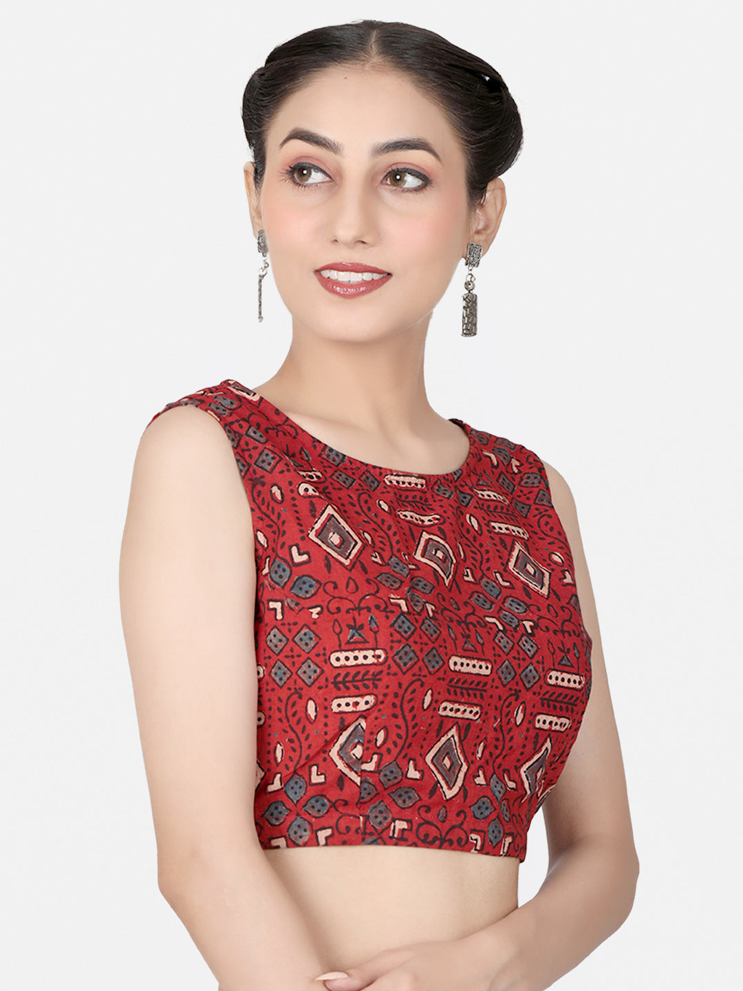 Ajrakh Maroon Block Printed Cotton Ready To Wear Saree Blouse