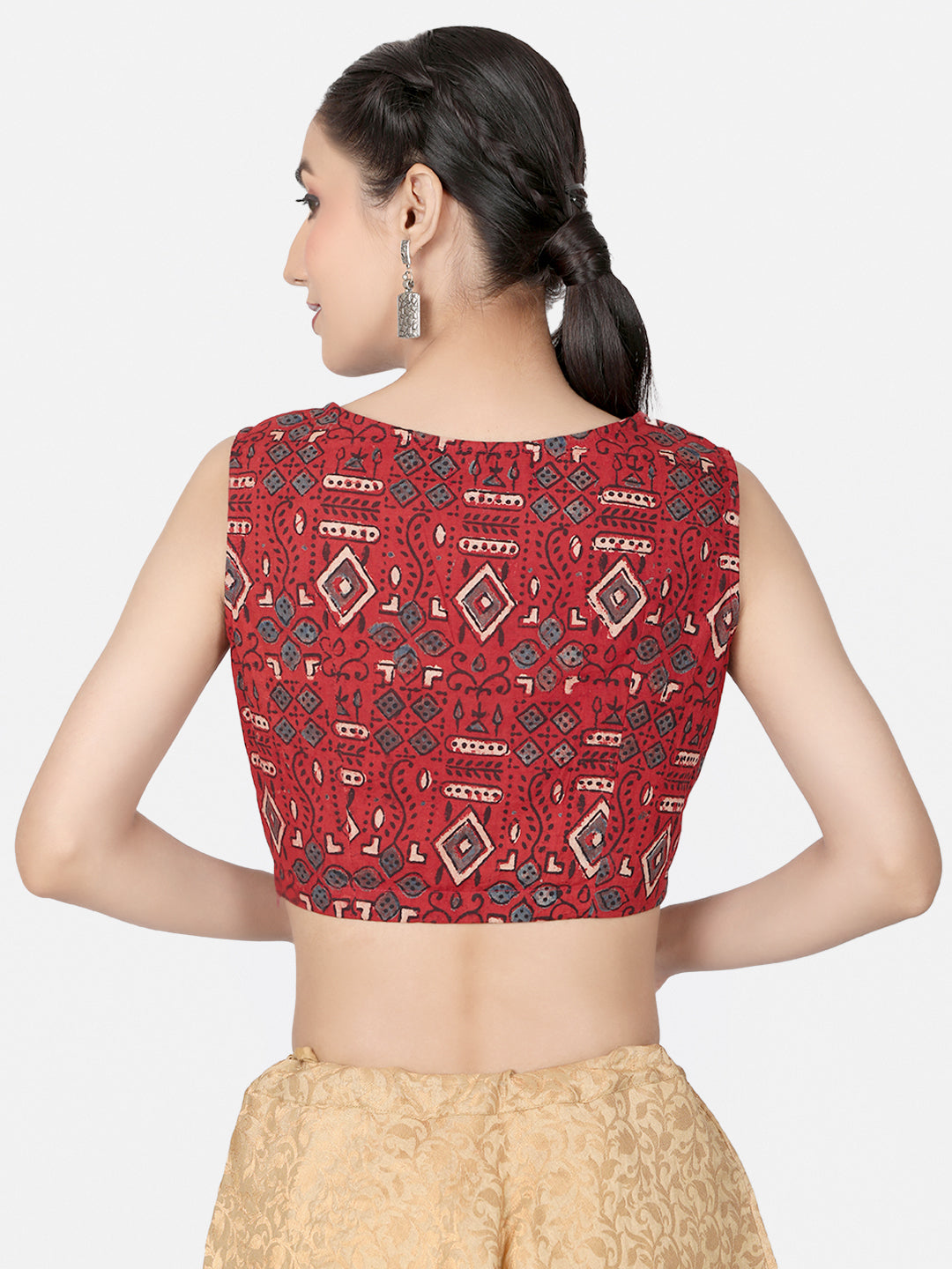 Ajrakh Maroon Block Printed Cotton Ready To Wear Saree Blouse