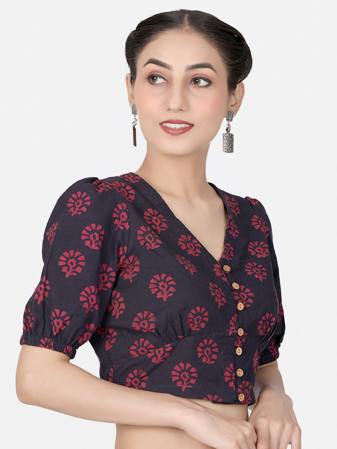 Maroon Block Printed Cotton Saree Blouse