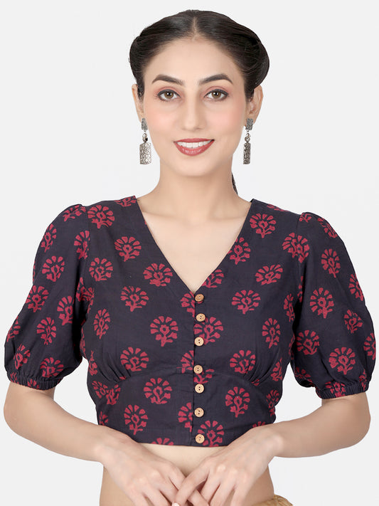 Maroon Block Printed Cotton Saree Blouse