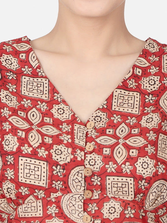 Red Block Printed Cotton Ready To Wear Saree Blouse
