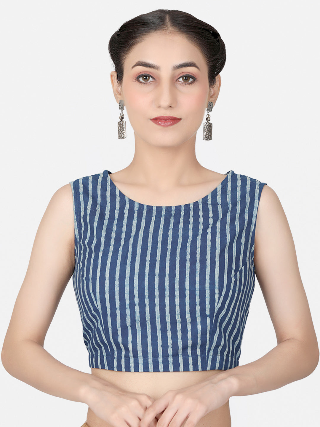 Blue Striped Block Printed Cotton Ready To Wear Saree Blouse