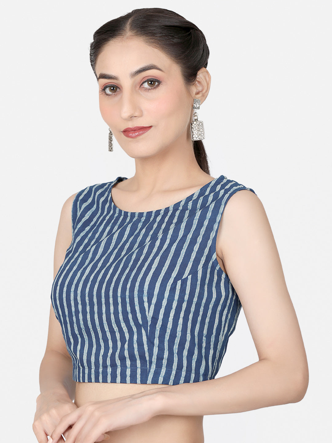 Blue Striped Block Printed Cotton Ready To Wear Saree Blouse