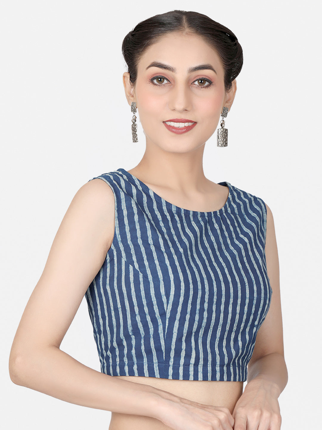 Blue Striped Block Printed Cotton Ready To Wear Saree Blouse