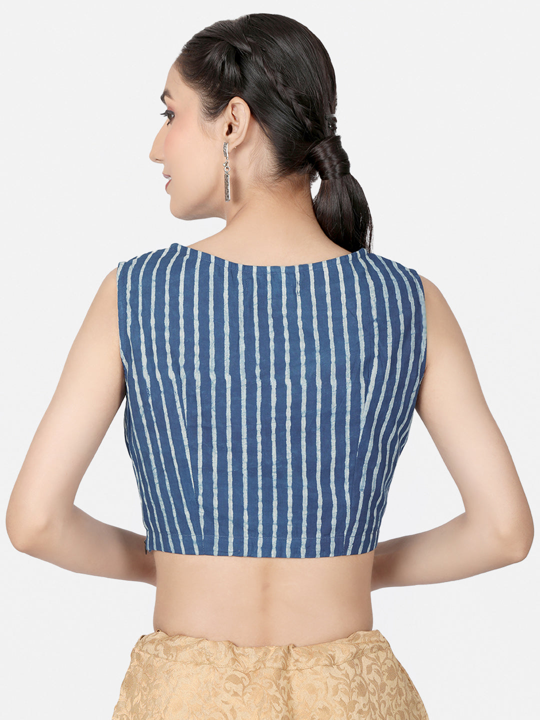 Blue Striped Block Printed Cotton Ready To Wear Saree Blouse