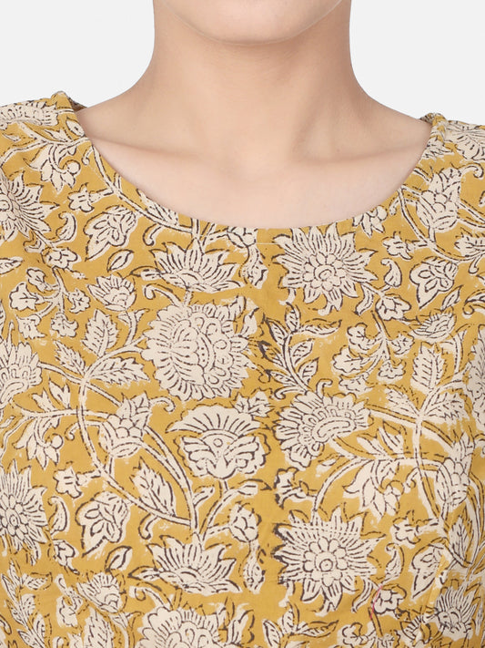 Mustard Block Printed Cotton Ready-to-Wear Saree Blouse.