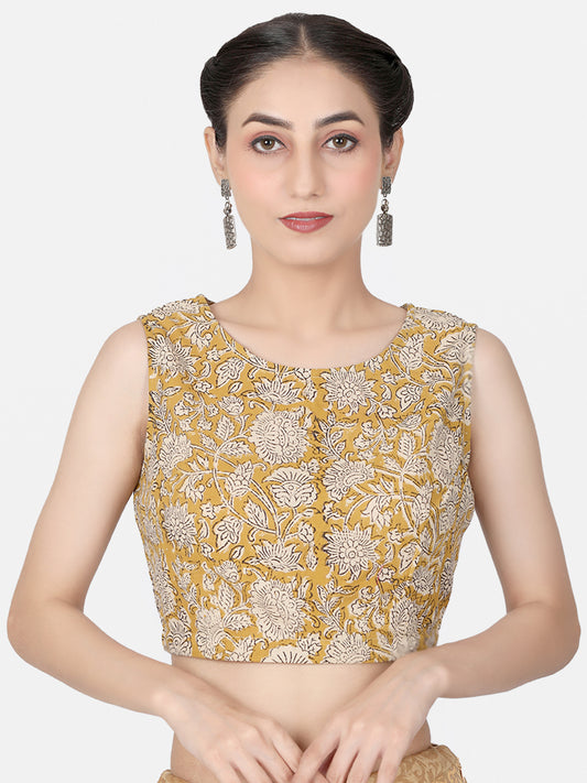 Mustard Block Printed Cotton Ready-to-Wear Saree Blouse.