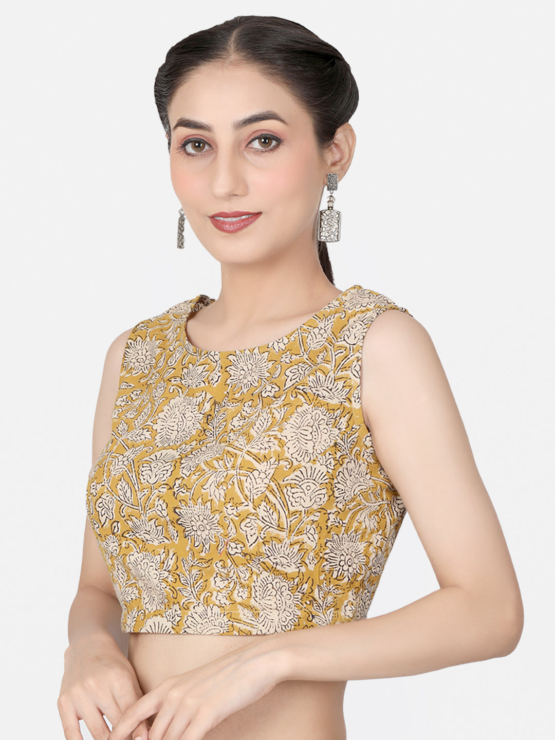 Mustard Block Printed Cotton Ready-to-Wear Saree Blouse.