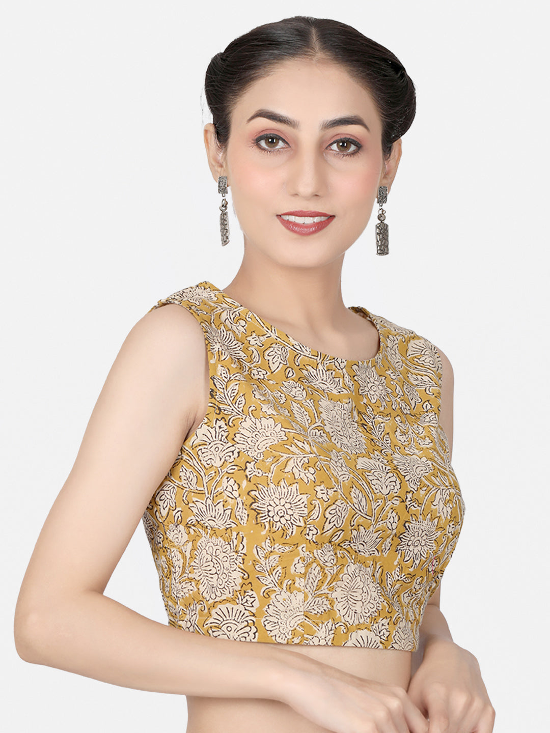 Mustard Block Printed Cotton Ready-to-Wear Saree Blouse.