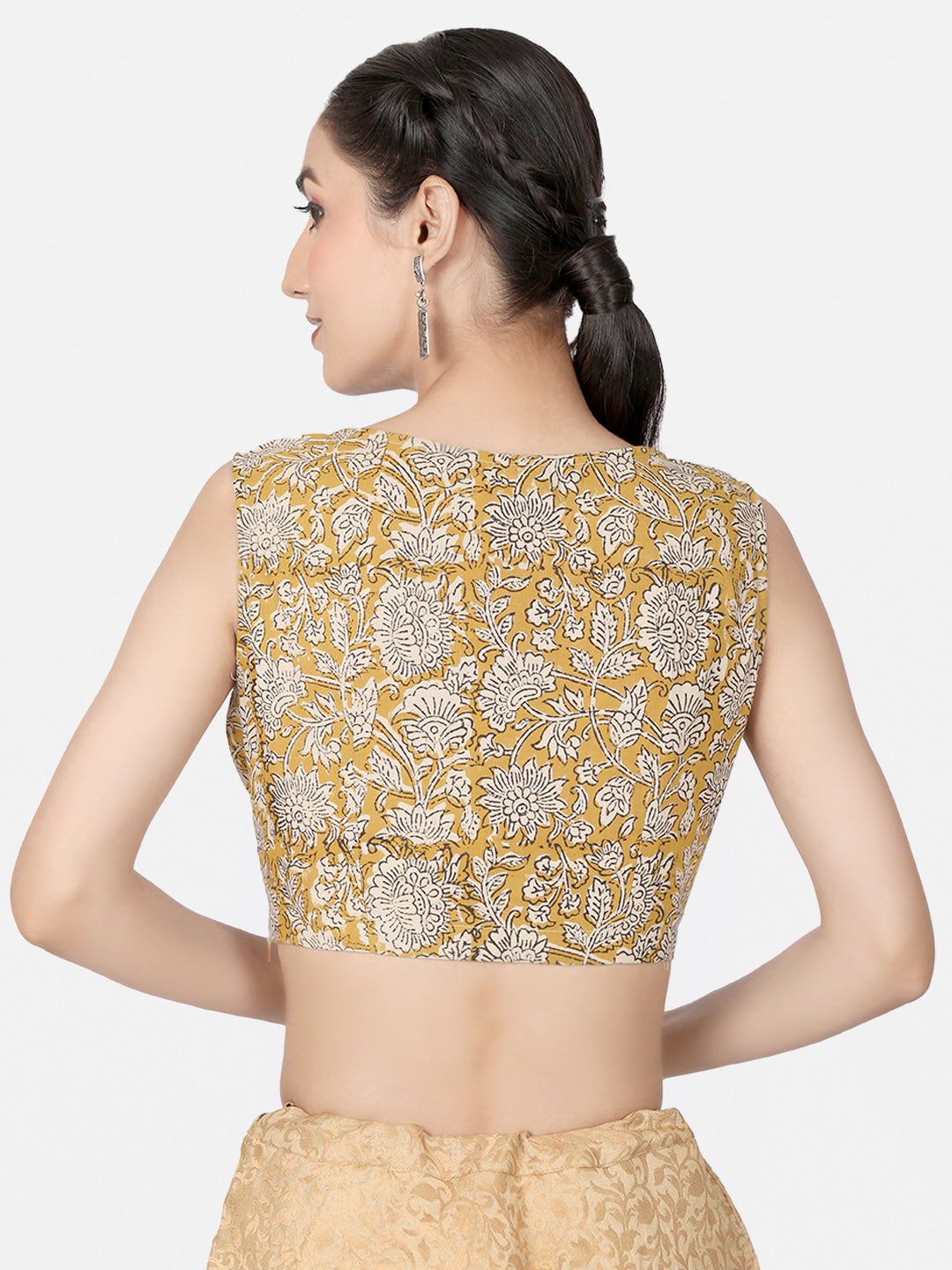 Mustard Block Printed Cotton Ready-to-Wear Saree Blouse.
