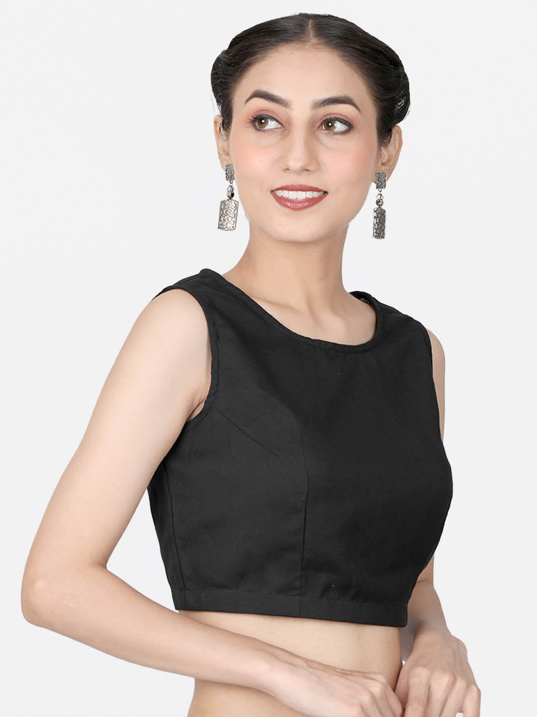 Women  Black solid Cotton Ready To Wear Non Padded Saree Blouse