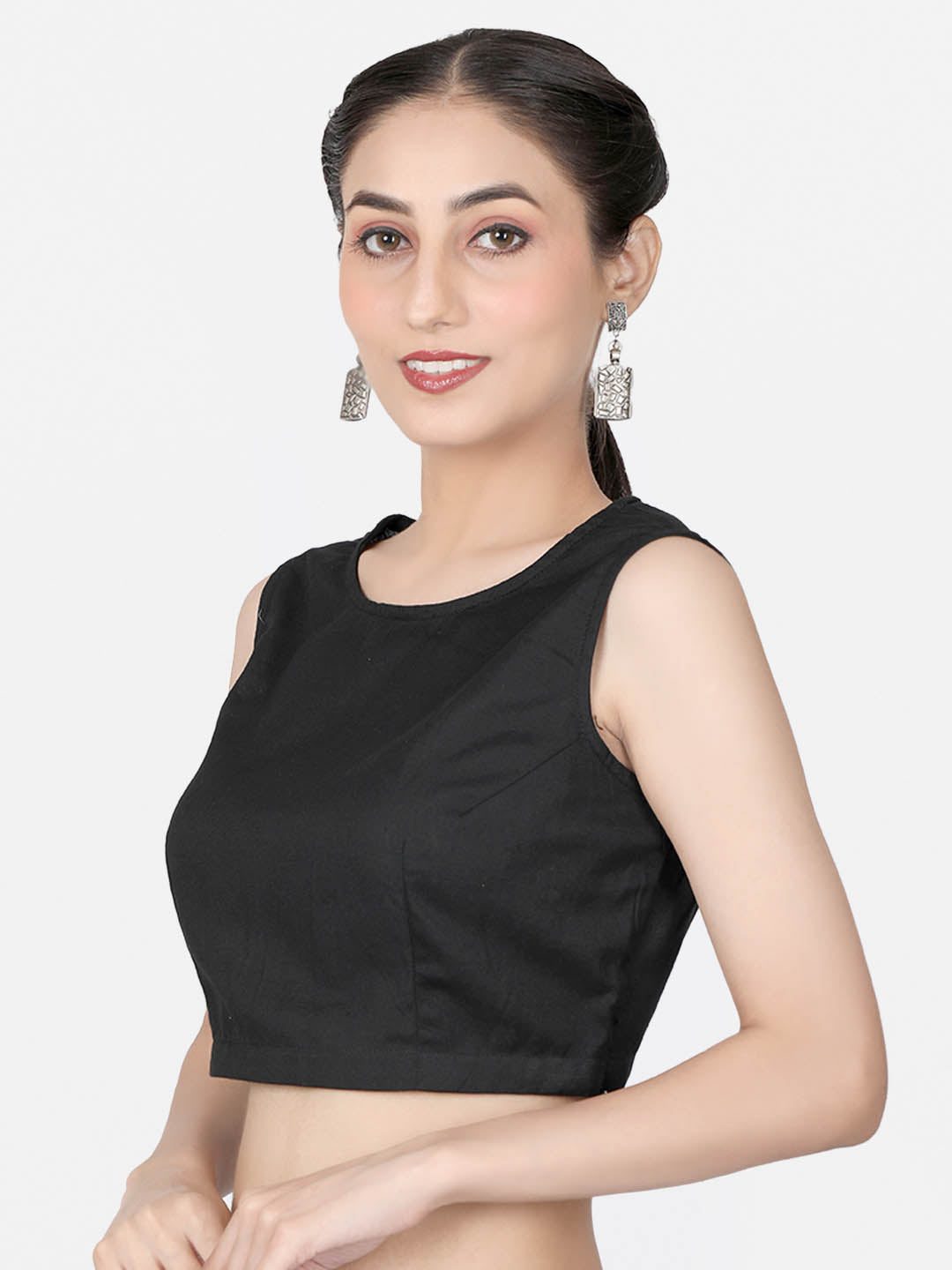 Women  Black solid Cotton Ready To Wear Non Padded Saree Blouse