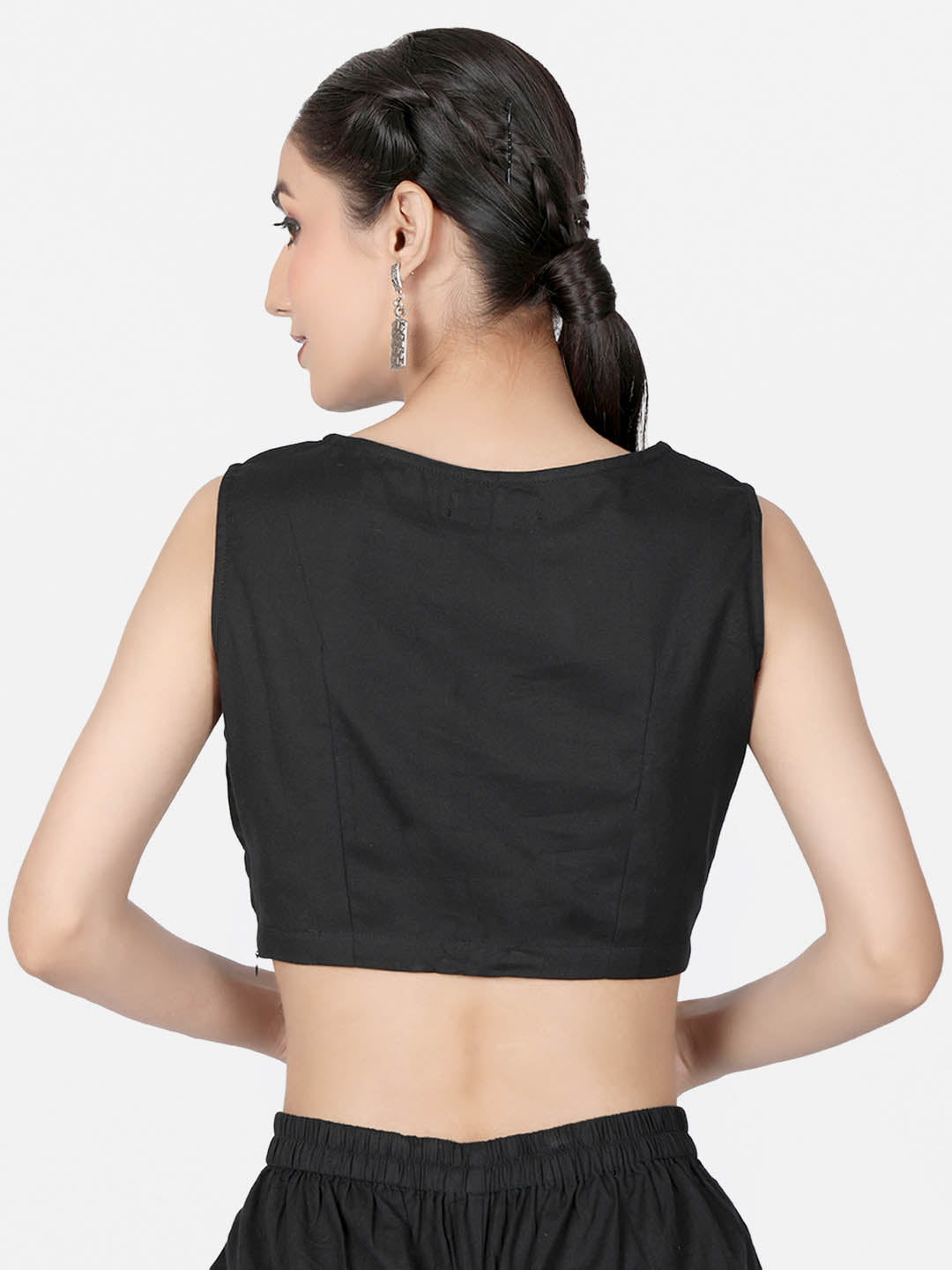 Women  Black solid Cotton Ready To Wear Non Padded Saree Blouse