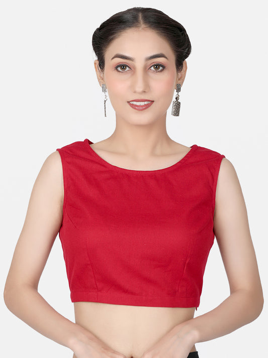 Red Solid Cotton Saree Blouse