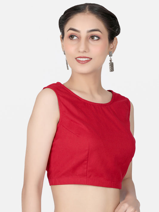 Red Solid Cotton Saree Blouse