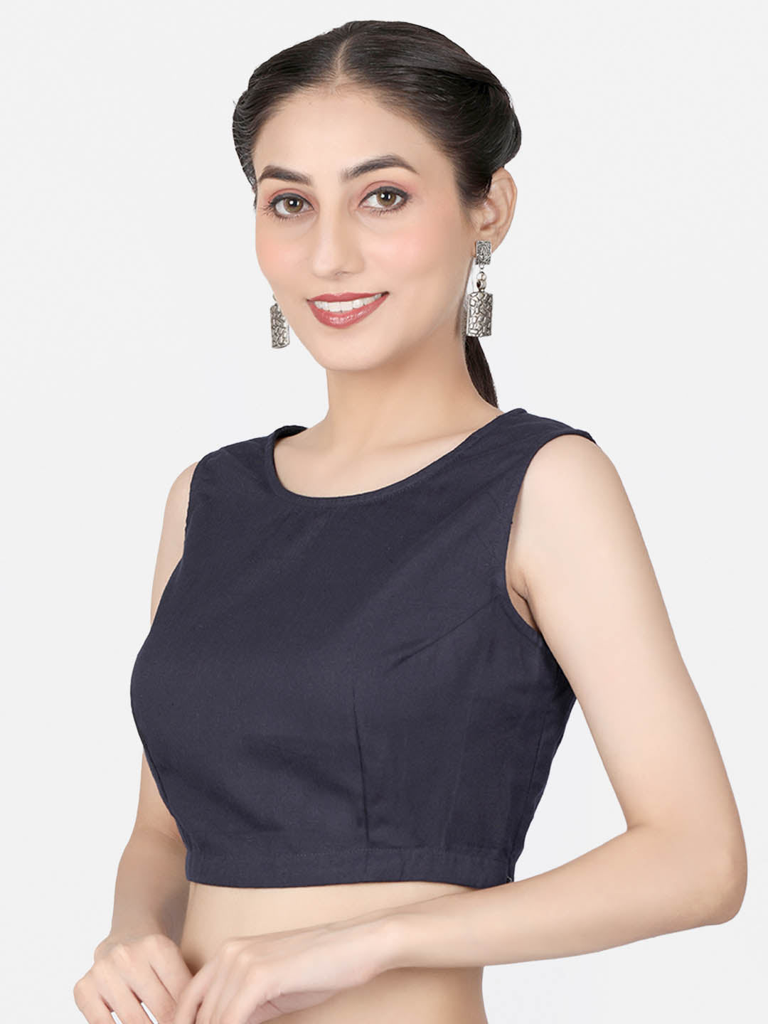 Women Navy Blue solid Cotton Ready To Wear Non Padded Saree Blouse
