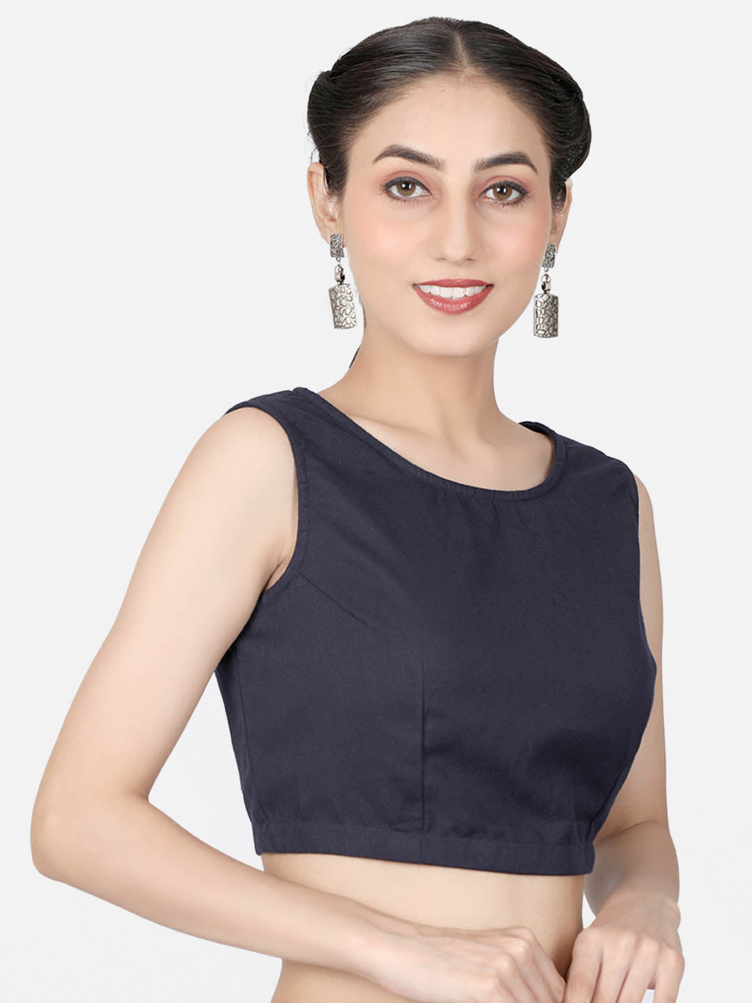 Women Navy Blue solid Cotton Ready To Wear Non Padded Saree Blouse