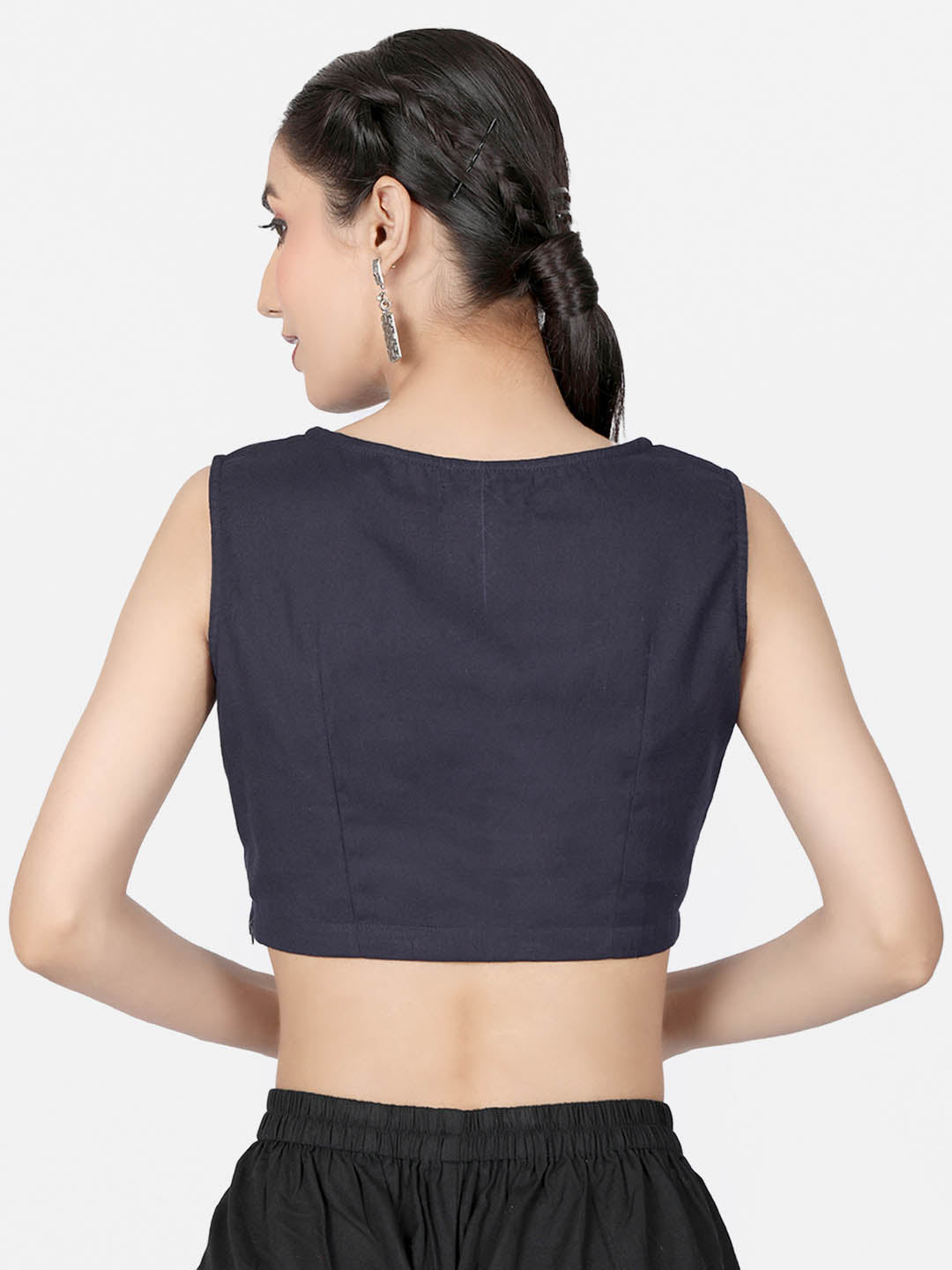 Women Navy Blue solid Cotton Ready To Wear Non Padded Saree Blouse