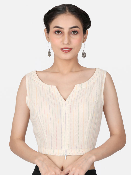 Off White Woven Cotton Ready To Wear Saree Blouse