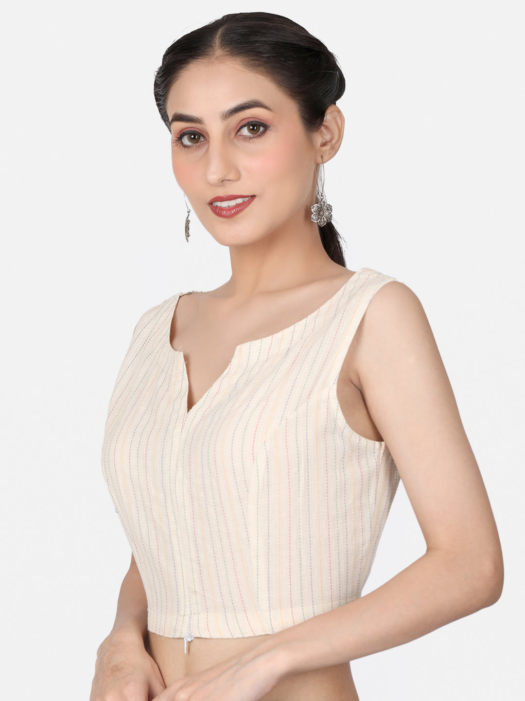 Off White Woven Cotton Ready To Wear Saree Blouse