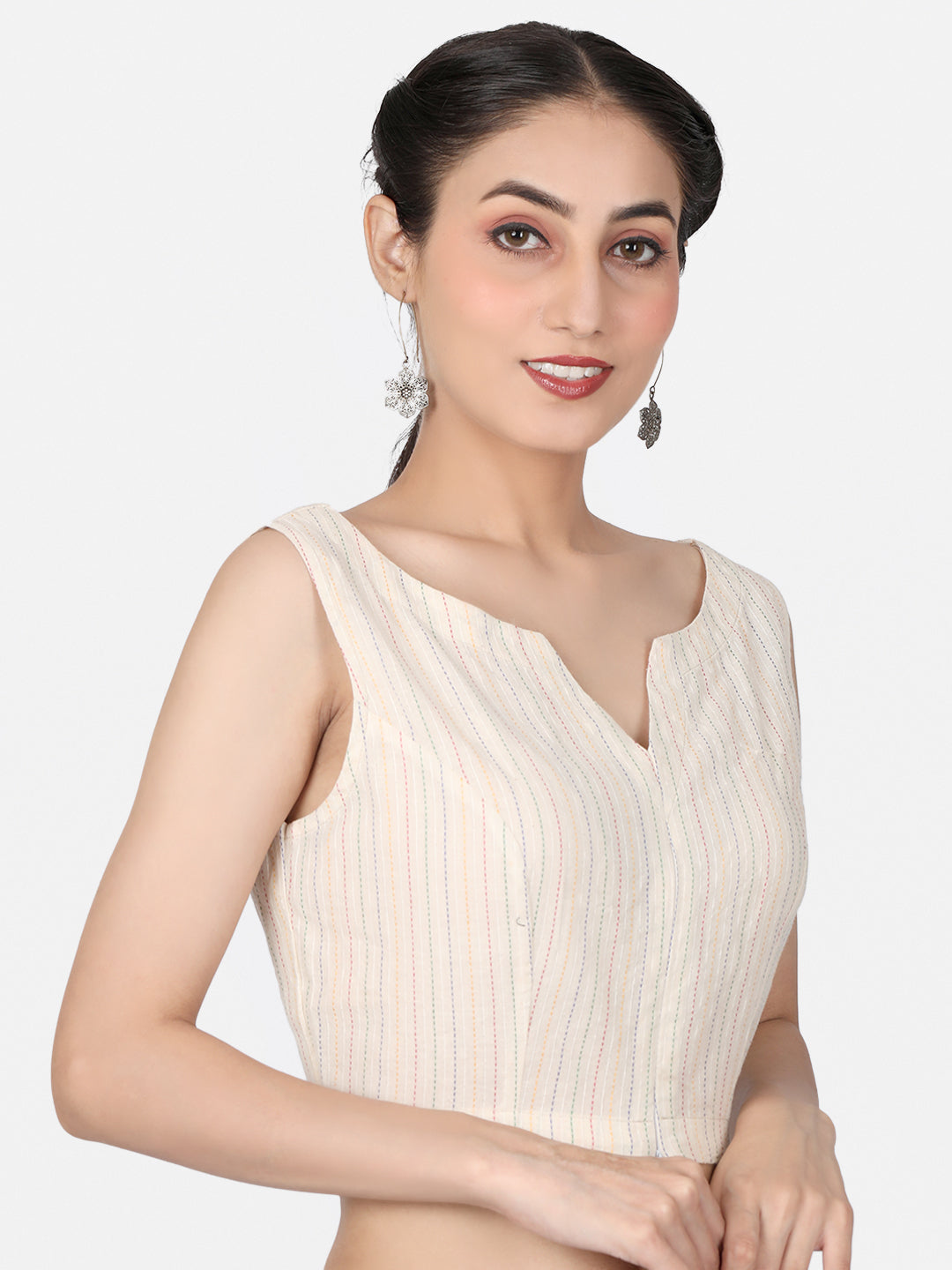 Off White Woven Cotton Ready To Wear Saree Blouse