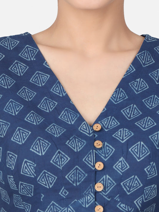 Indigo Block Printed Cotton Ready To Wear Saree Blouse