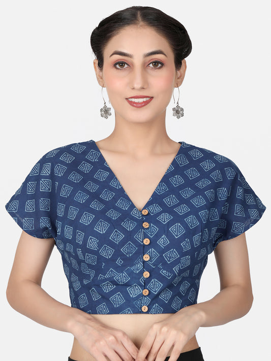 Indigo Block Printed Cotton Ready To Wear Saree Blouse