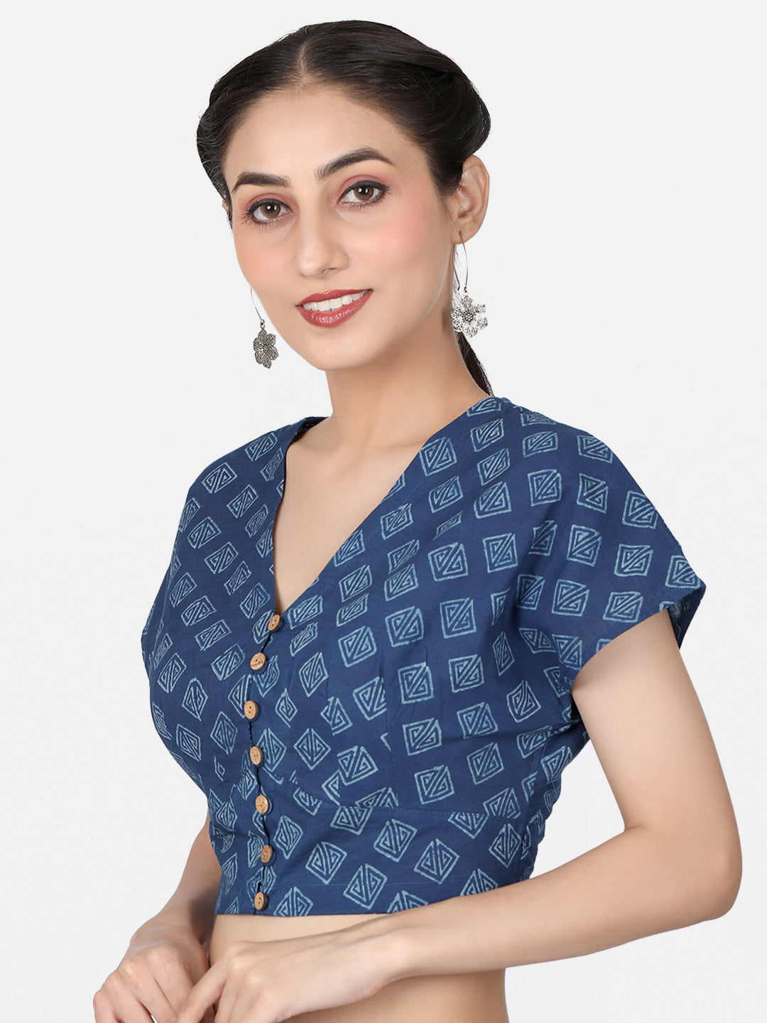 Indigo Block Printed Cotton Ready To Wear Saree Blouse