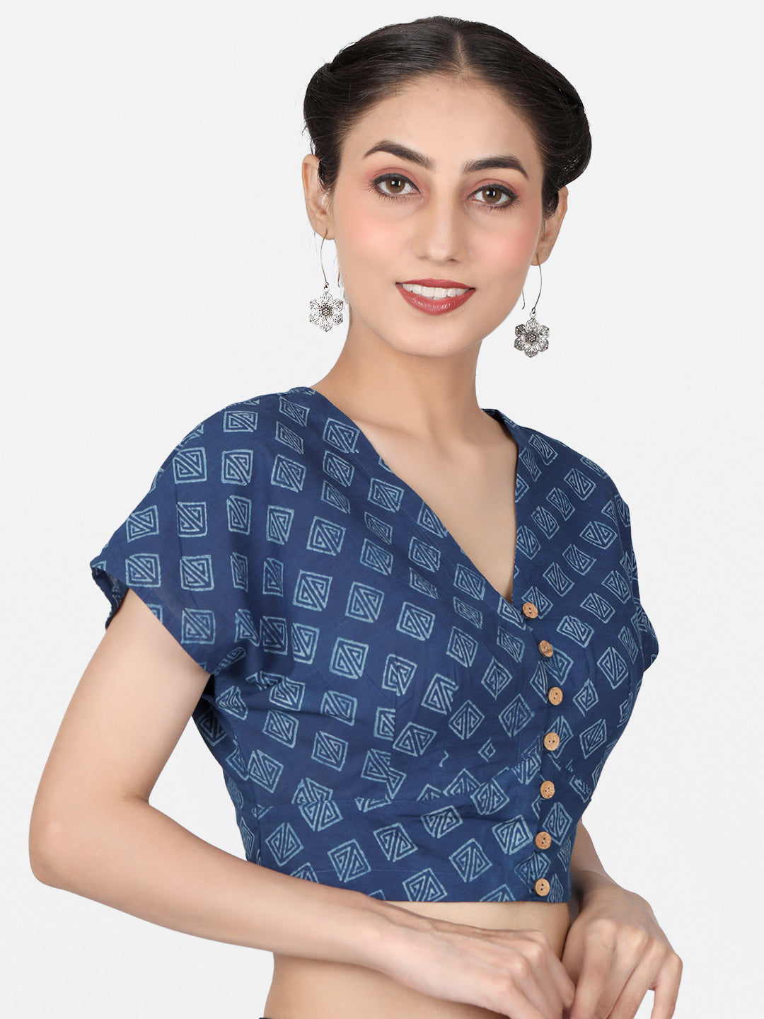 Indigo Block Printed Cotton Ready To Wear Saree Blouse