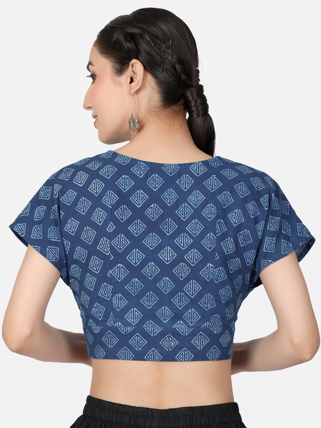 Indigo Block Printed Cotton Ready To Wear Saree Blouse