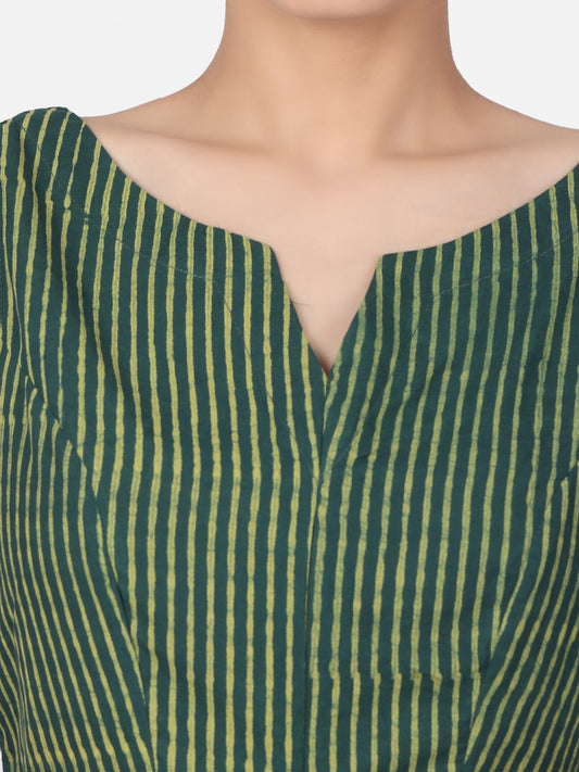 Green Striped Block Printed Cotton Ready To Wear  Saree Blouse