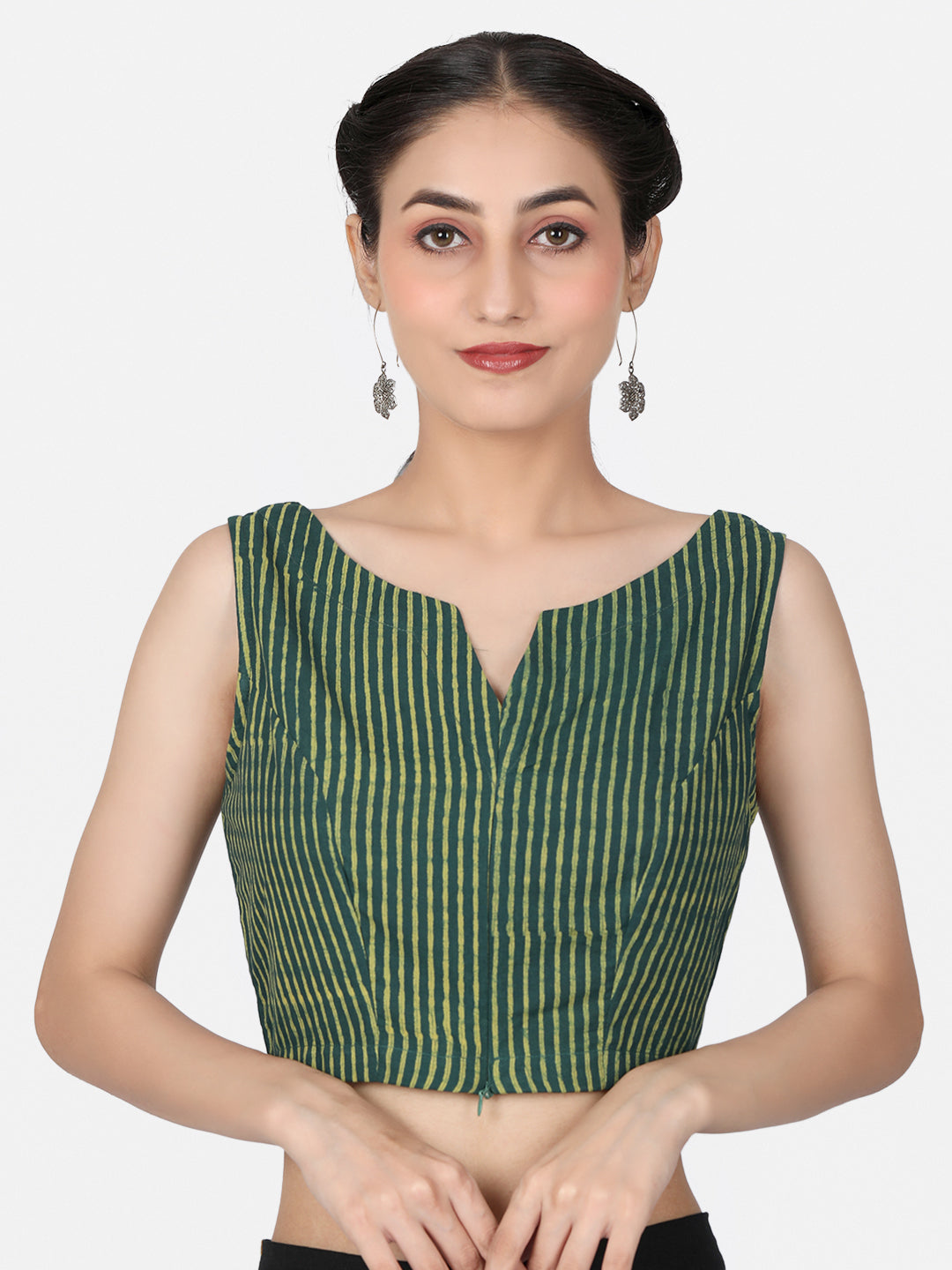 Green Striped Block Printed Cotton Ready To Wear  Saree Blouse