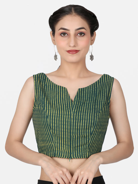 Green Striped Block Printed Cotton Ready To Wear  Saree Blouse