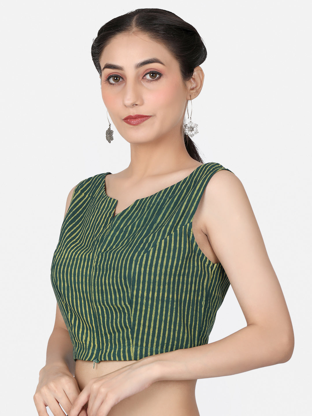 Green Striped Block Printed Cotton Ready To Wear  Saree Blouse