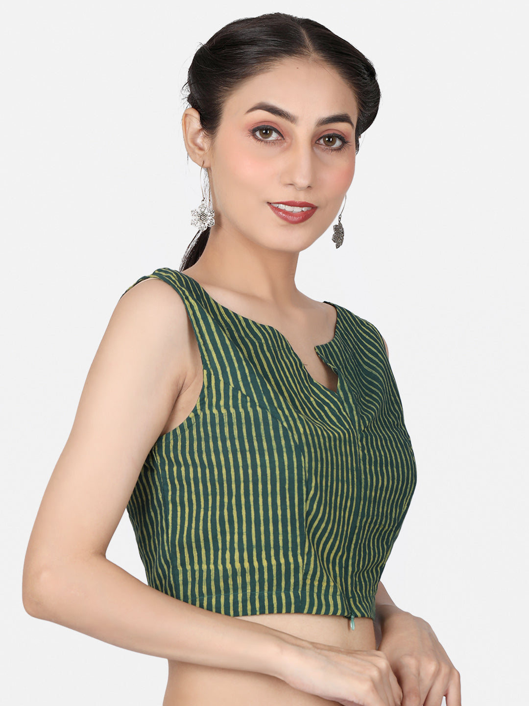 Green Striped Block Printed Cotton Ready To Wear  Saree Blouse
