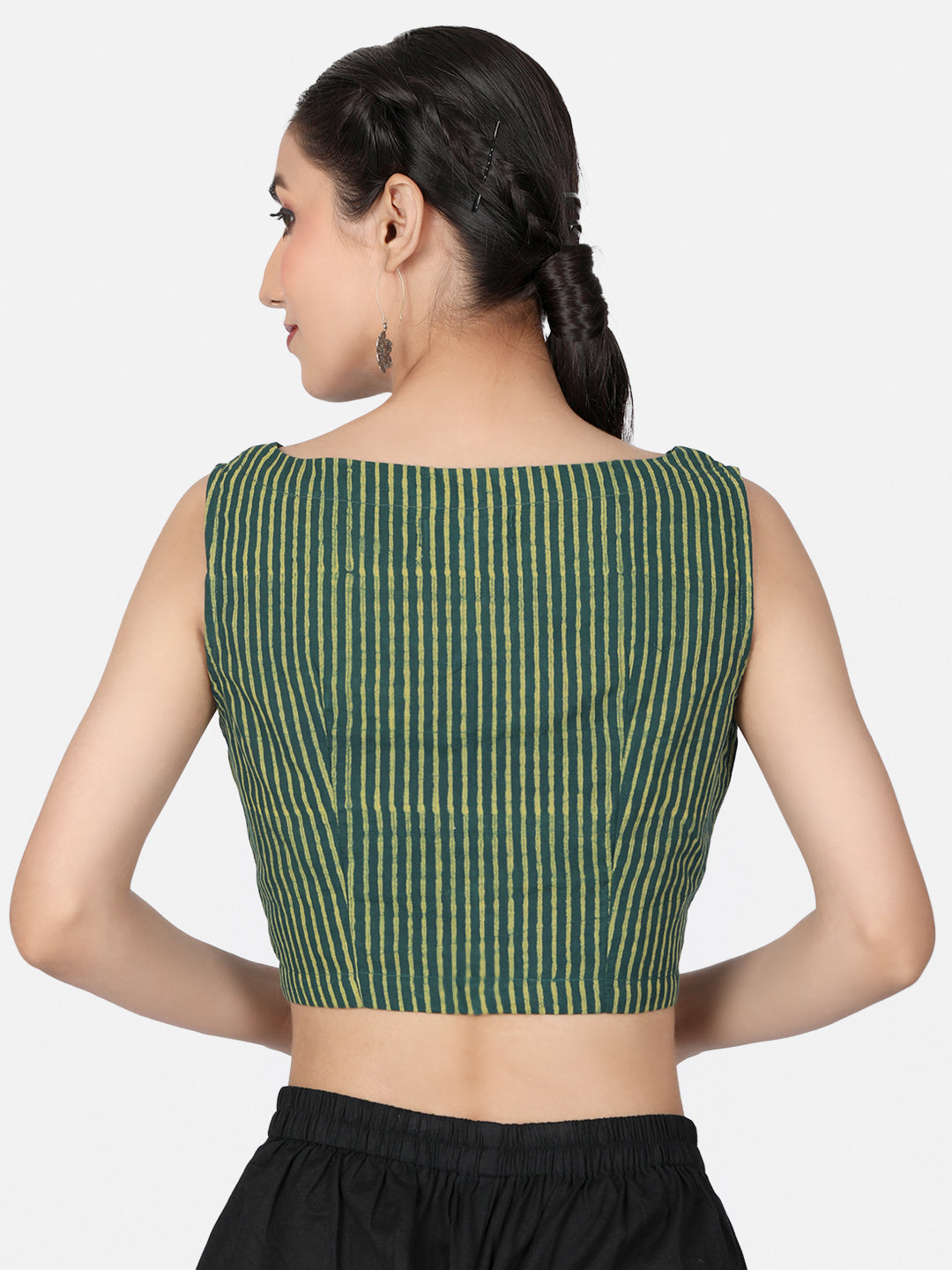 Green Striped Block Printed Cotton Ready To Wear  Saree Blouse