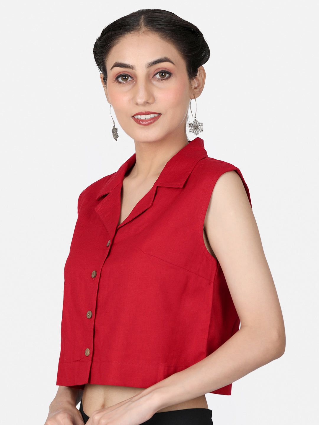 Red Solid Cotton Ready To Wear Saree Blouse