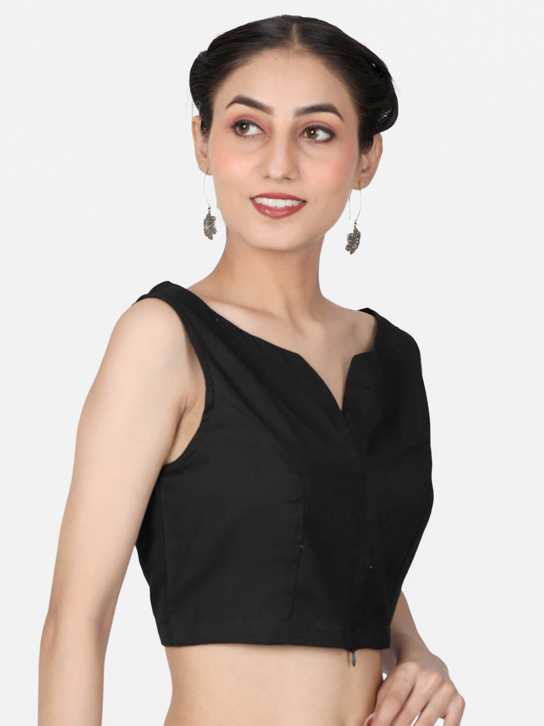 Women  Black Solid  Cotton Ready To Wear Non Padded Saree Blouse