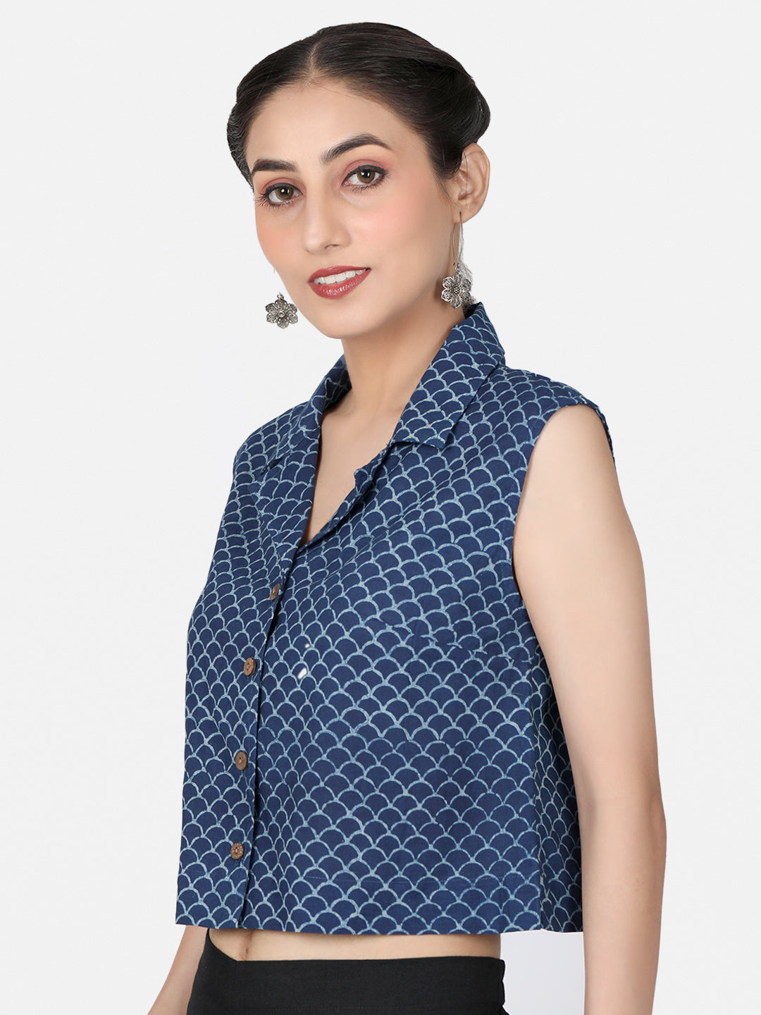 Blue Block Printed Cotton Ready To Wear Saree Blouse