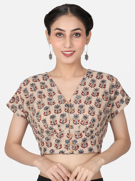 Off White Ajrakh  Cotton Ready To Wear Saree Blouse